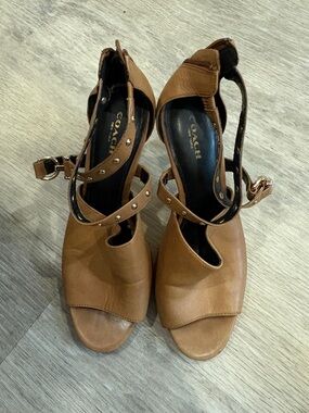 COACH Brown Leather Open-Toe Ankle-Strap Heels with Stud Detail